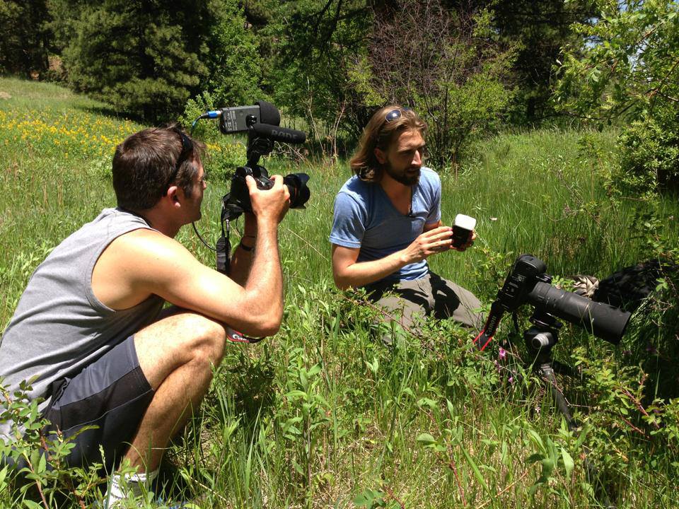 Rob Nelson films Neil talking about the "Meet Your Neighbours" photography technique in Colorado. Photo by Haley Nelson.